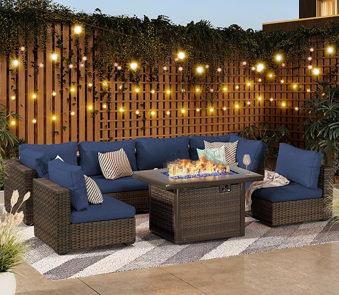 Grezone 15 Piece Patio Furniture Set with 44" Fire Pit Table, Outdoor Sectional Couch, PE Rattan Patio Conversation Sets with 4inch Cushions for Backyard Deep Blue