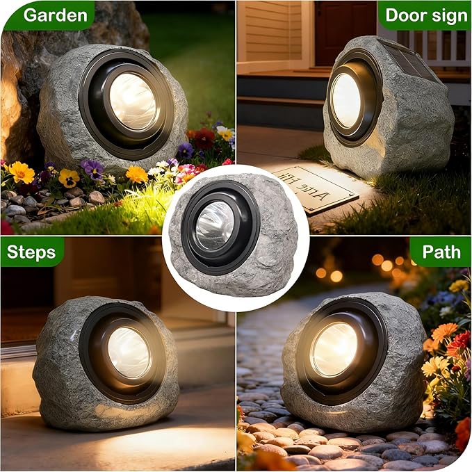 Solar Rock Lights Outdoor,4 Pack IP65 Waterproof LED Solar Ash Gray Garden Stone Spotlights,Warm White & Cool White Switchable,Auto On/Off Landscape Lights for Pathway Walkway Yard Patio