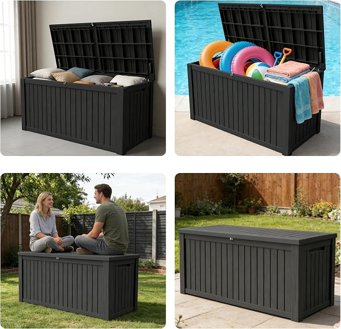 200 Gallon Outdoor Storage Box Resin Deck Box All Weather Waterproof Large Lockable Storage Container Deck Box for Patio Furniture, Garden Tools, Lockable, Black