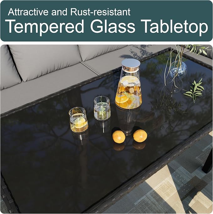 7 Pieces Outdoor Dining Set, Wicker Conversation Patio Furniture with Glass Table, L-Shaped PE Rattan Sectional Sofa Seating with Ottomans for Outside, Backyard, Balcony, Garden, Gray Cushions