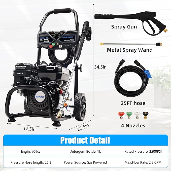 3500 PSI Gas Pressure Washer, 2.3 GPM Heavy-Duty Cleaner with 209CC 7HP Engine, 25ft Hose, Aluminum Pump, Soap Tank & 4 Quick-Connect Nozzles (Black)