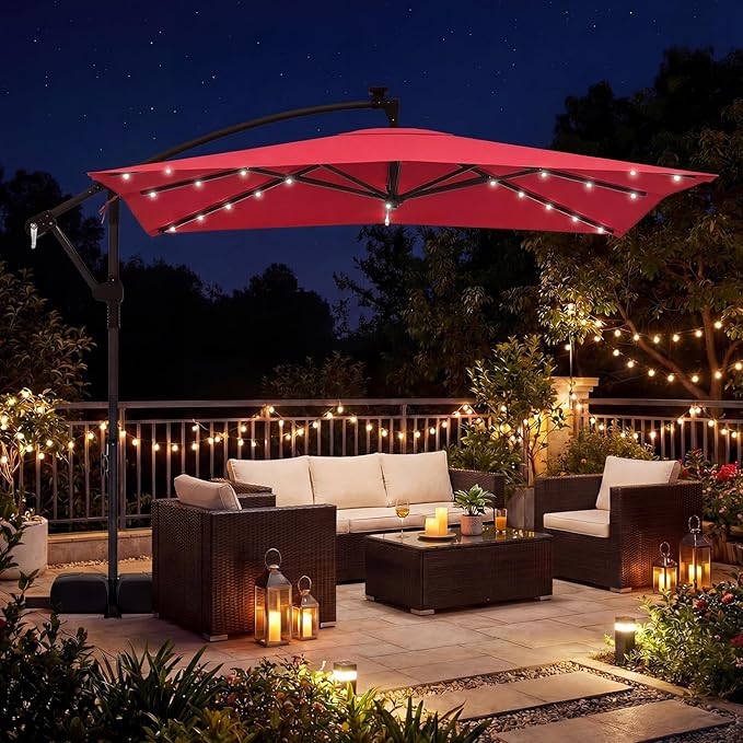 Tangkula 8x8 FT Solar Patio Umbrella with Base Included, Square Offset Cantilever Outdoor Umbrella with 360 Degree Rotation, 32 LED Lights, Crank Handle, 2 Sandbags, 8 Ribs, Air Vent for Pool Deck Garden Backyard