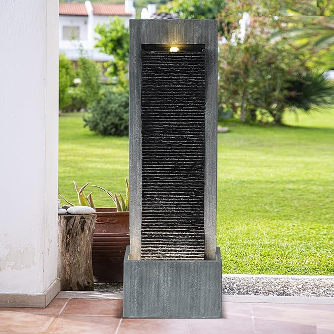 49.6" H Modern Curved Faux Slate Waterfall Fountain, Indoor/Outdoor Freestanding Fountains with LED Lights and Pump, Floor Standing Water Fountains with Pebbles for Patio, Garden, Porch