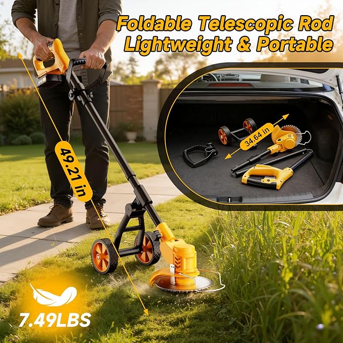 Electric Weed Wacker Cordless with Wheels,Electric Weed Eater Battery Powered,4 in 1 Grass Trimmer/Brush Cutter/Grass Edger/Small Lawn Mower,No String Trimmer with Metal Blade,2 Battery (Black Yellow)