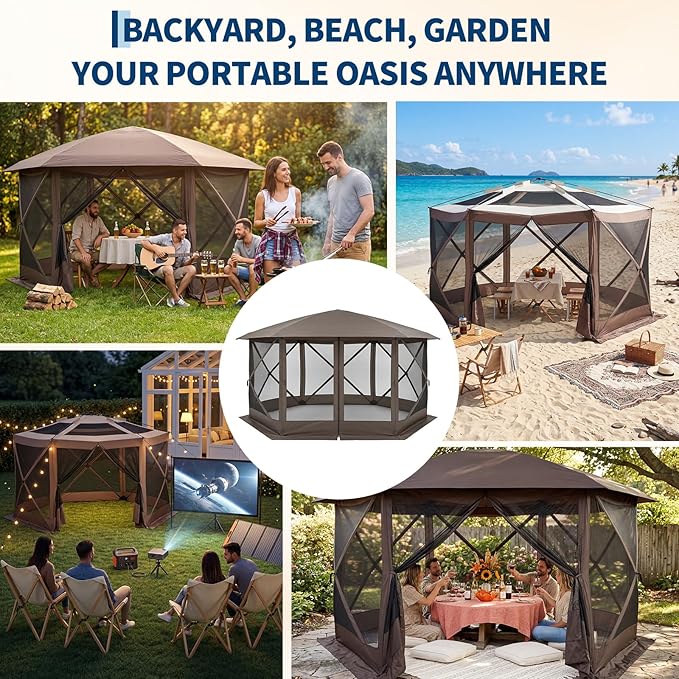 GarveeHome 13x13FT Pop Up Gazebo Screen Tent, 6-Sided Canopy with Starry Sky Top, 210D Oxford Water-Proof Instant Shelter with Mosquito Netting for Backyard Camping, Khaki & Beige