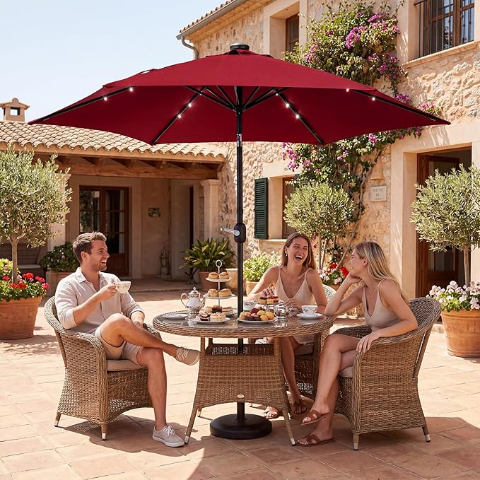 VINGLI 9FT Patio Umbrella with Solar Lights, Outdoor Umbrella with Push Button Tilt and Crank, Umbrella Outdoor Patio for Patio, Deck, Backyard, Pool