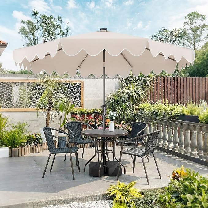 Tangkula 9 FT Solar Patio Umbrella with Base Included, 2-Tiers Outdoor Scalloped Table Umbrella with 32 LED Lights, 2 Sandbags, Tilt Adjustment, Crank, 8 Ribs for Market Backyard Pool Deck Beach Lawn