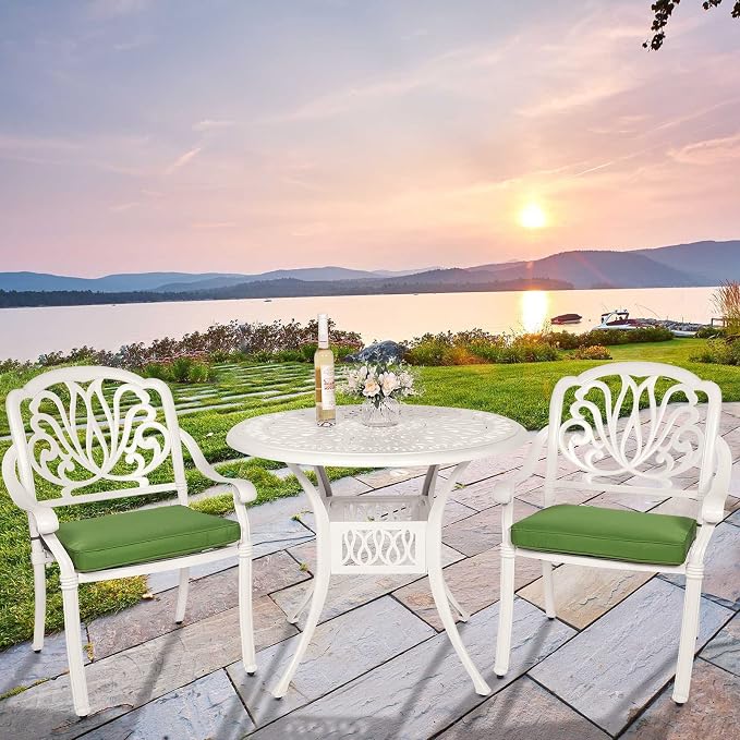 3-Piece Outdoor Patio Dining Set, All-Weather Cast Aluminum Patio Furniture Set for Backyard Garden Deck with 2 Cushioned Chairs and 35.4” Round Table, 2" Umbrella Hole, White