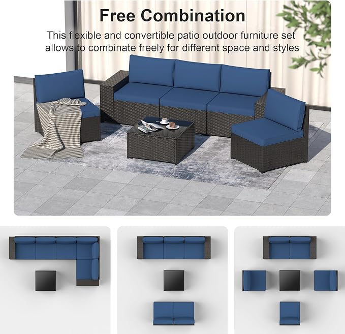 Patio Furniture Set, 6PCS Patio Sectional with Ottoman Wicker Rattan Outdoor Furniture with Thickened Cushion Modular Wicker Patio Conversation Set with Glass Top Table for Balcony, Backyard(Blue)