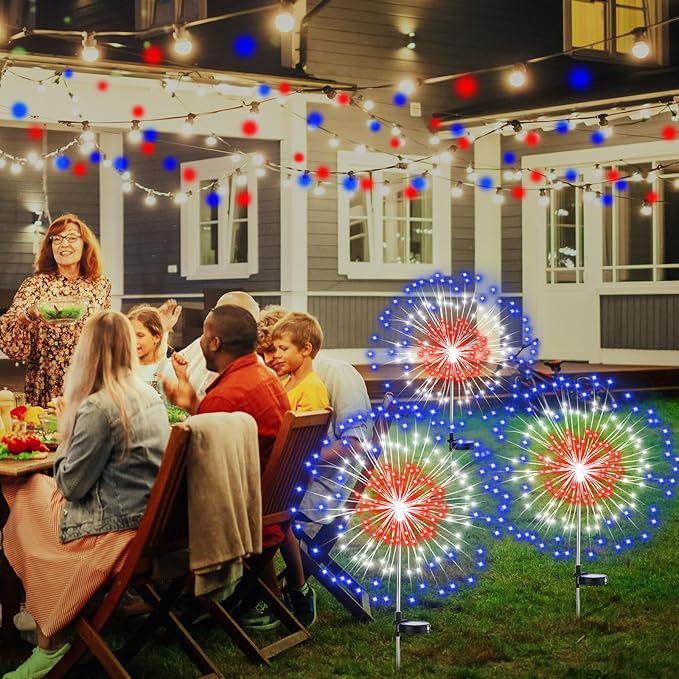 Tujoe 12 Pcs 4th of July Solar Firework Stake Lights 180 LED 8 Modes Solar Waterproof LED Sparkler Lights Outdoor Patriotic Decoration for Memorial Independence Day Garden Patio Yard (Red White Blue)