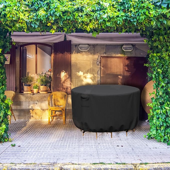 Round Patio Furniture Cover, Waterproof Outdoor Table Covers, Windproof Heavy Duty Patio Furniture Cover for Outdoor Table Chair Furniture Set, Tear Resistant, 110"DIA x 28"H, Black