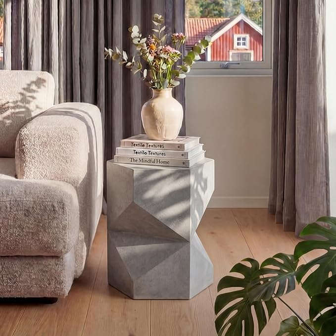 HOMPUS Outdoor Side Table Polygonal, Concrete End Table Hexagonal w Gloss Finish, Patio Accent Table Modern Design Home Decor, MgO Coffee Table for Living Room, Garden, Backyard, Grey