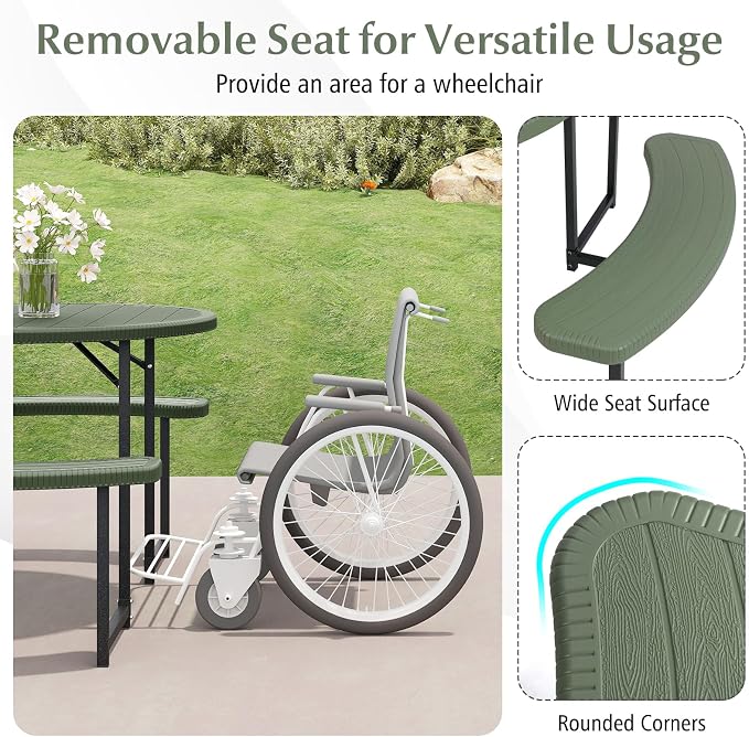 Byroce 6-8 Person Picnic Table for Outdoors, HDPE Picnic Table Set with 4 Benches, Umbrella Hole & Metal Frame, Heavy Duty Round Dining Table Chairs for BBQ Party in Patio, Yard & Poolside (Green)