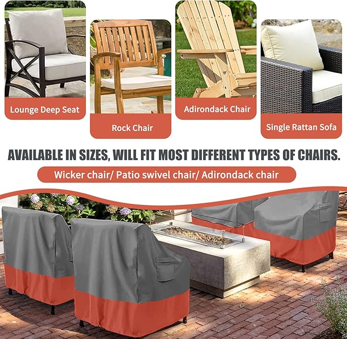 Heavy Duty 600D Waterproof Outdoor Swivel Chair Covers, 2 Pack Patio Lounge Chair Cover 30"W x 37"D x 31"H, Red & Grey