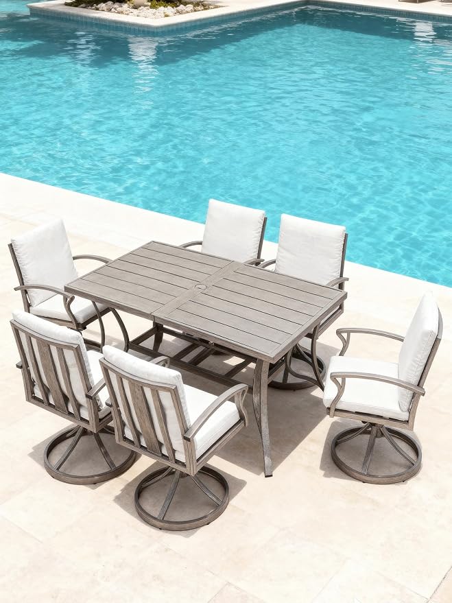 Patio Dining Table for 6, Never Rusts Outdoor Dining Table with Umbrella Hole, 59.8" x 35.8" Rectangle Patio Table, 6 Person Aluminum Outdoor Patio Table for Deck, Garden Poolside, Limed Oak