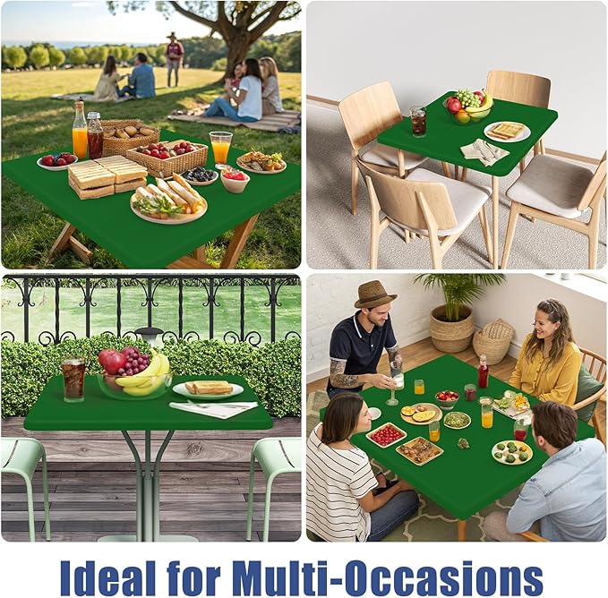 Moosfor Spandex Picnic Table Cloth 2 Pack, Elastic Fitted Tablecloths for Square Tables, Stretch Washable Patio Table Cover for Outdoor, Camping, Banquet and Parties (Emerald Green, 34"x34")