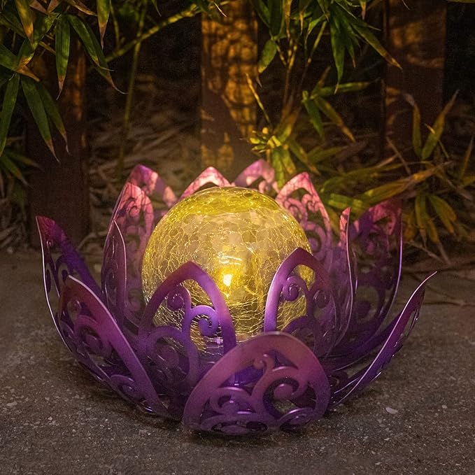 Bshine Solar Outdoor Garden Lotus Decorative Light, Waterproof Metal Cracked Glass Globe LED Lotus Light for Tabletop Decor, Walkway, Lawn Ornaments and Garden, Housewarming Gift (Purple)