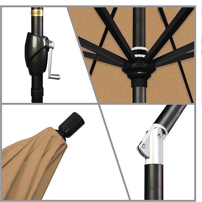 California Umbrella 9' Round Aluminum Market Umbrella, Crank Lift, Push Button Tilt, Black Pole, Sunbrella Linen Sesame