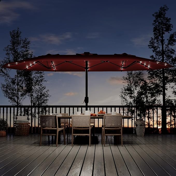 15FT Extra Large Double-Sided Patio Umbrella with Solar LED Lights – Heavy-Duty Rectangular Outdoor Market Umbrella, Fade-Resistant UV Canopy, Included Base for Backyard, Pool, Deck, Garden – Beige/Mist Blue
