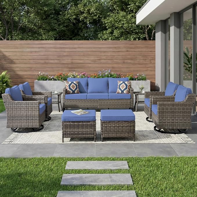 Luxury Patio Furniture sofa Set - 9 Pieces All Weather Wicker Outdoor Couch and High Back Swivel Rocker Patio Chairs with Side table&footstools for Deck Yard and Poolside Gray Wicker | Blue Cushions