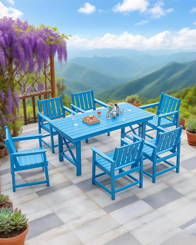 7-Piece Patio Dining Table Sets, Outdoor HDPE Dining Furniture Set Umbrella Hole Cut-Out Table and 6 Chairs for Backyard, Lawn, Deck and Poolside, Blue