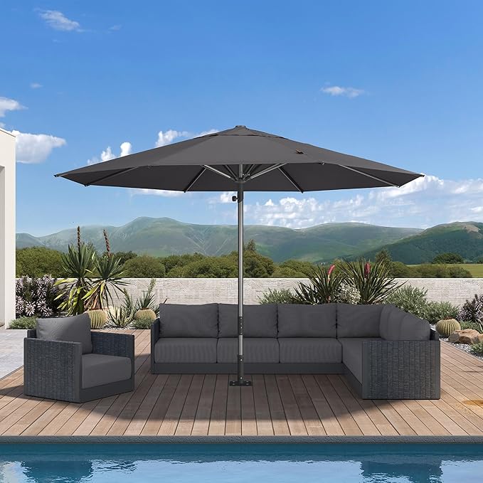 PURPLE LEAF 13 FT Commercial Round Patio Market Table Sun Umbrella Semi Auto Open All Weather Maximum Coverage for Hotel Resort Cafe Restaurant Garden Business Use Grey