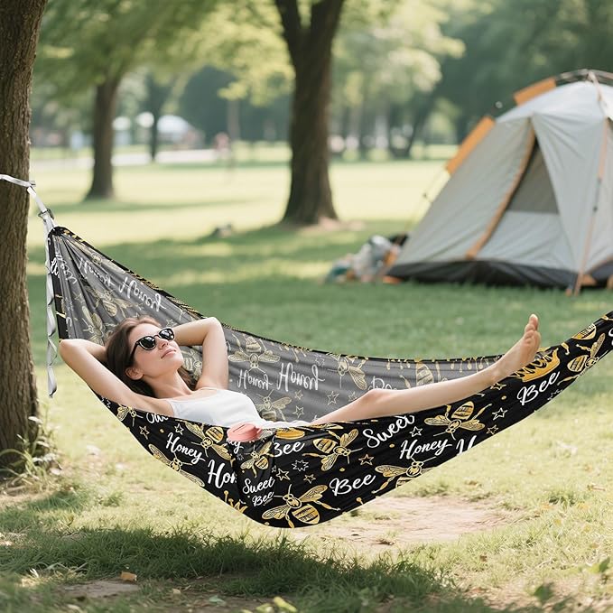 Camping Hammock Outdoor Hammocks for Outside Golden Bee Queen Crown Beach Trees Portable Lightweight with Pockets Tree Straps Indoor