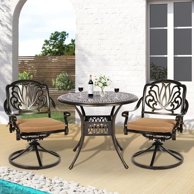 3-Piece Outdoor Patio Dining Set, All-Weather Cast Aluminum Patio Furniture Set for Backyard Garden Deck with 2 Swivel Cushioned Chairs and 35.4” Round Table, 2" Umbrella Hole, Khaki