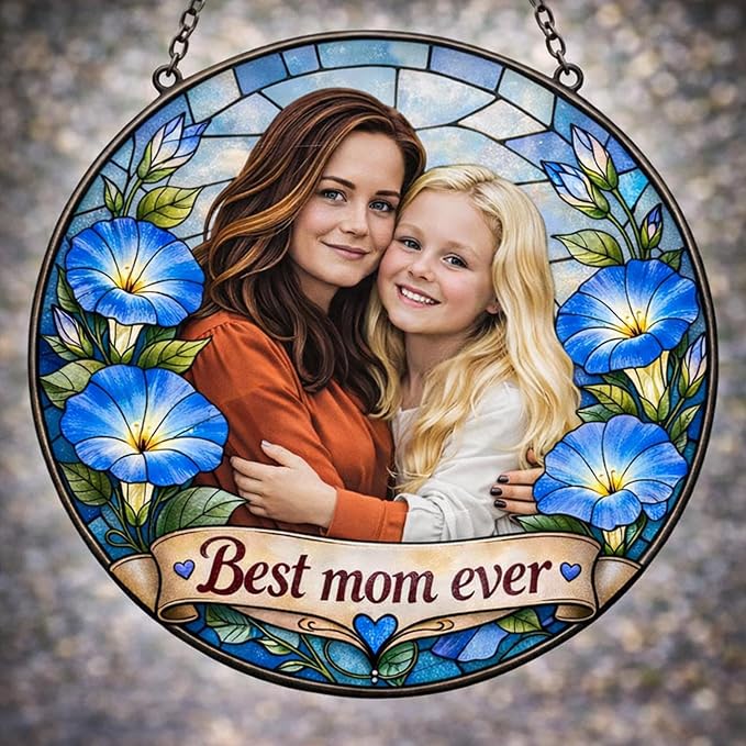 Personalized September Morning Glory Birth Flower Stained Glass Suncatcher – Custom Photo & Name Window Hanging Keepsake Gift for Mom, Grandma, Mother’s Day or September Birthday