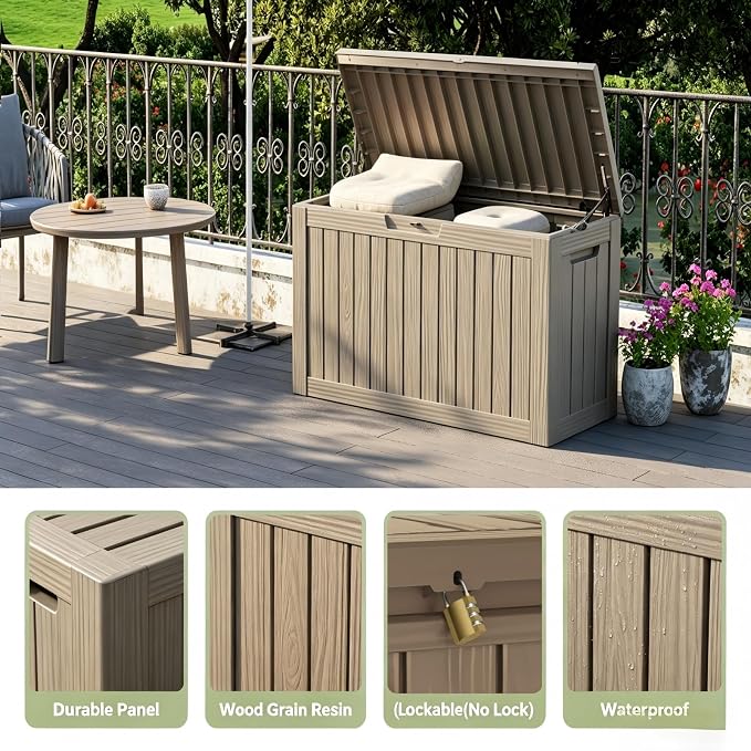 Outdoor Storage Box 90 Gallon, Patio Storage Box Waterproof & Lockable, Deck Box with Handles for Easy Move, Outside Storage Box for Garden Tools, Outdoor Cushion Storage - Grey