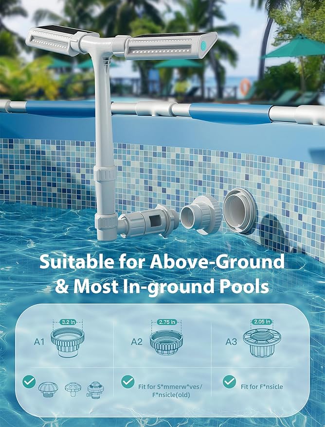 POOLHOUR 2026 Upgrade Height Solar Pool Fountain with 10-Color 4-Mode LED Lights, Auto Light-Sensing Pool Sprinkler Fountain for Above/Inground Pools, 360° Adjustable Spray for 8-16°F Cooling (Gray)
