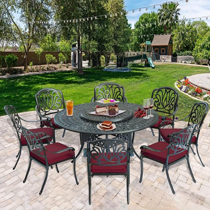 9-Piece Patio Cast Aluminum Dining Set, 8 Person Outdoor Dining Furniture Set, Includes 8 Cushioned Chairs and 61" Large Round Dining Table with 31" Lazy Susan, Umbrella Hole, Red