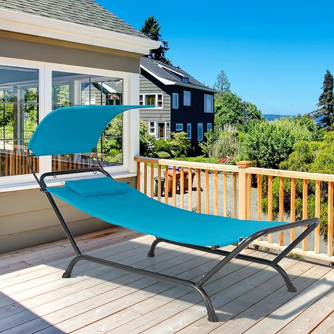 Giantex Hanging Hammock with Stand, Patio Hanging Chaise Lounge Chair w/Canopy, Cushion, Pillow & Storage Bag, Heavy Duty Swing Hammock Bed for Garden Lawn Backyard Patio Poolside Porch (Blue)