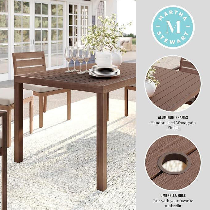 Martha Stewart Bedford 62" Indoor-Outdoor Aluminum Patio Table with Umbrella Hole and Brushed Woodgrain Finish in Gray