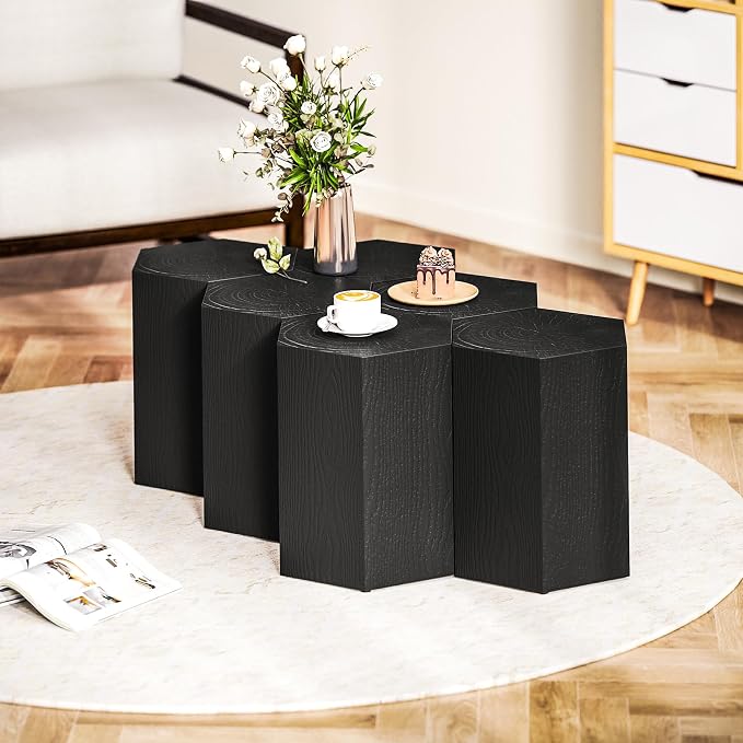 HOMCOM Concrete Finish Side Table, Lightweight Accent Table, 17" Patio Hexagonal Stump End Table with 4 Adjustable Feet for Indoor, Outdoor, Black Wood Grain