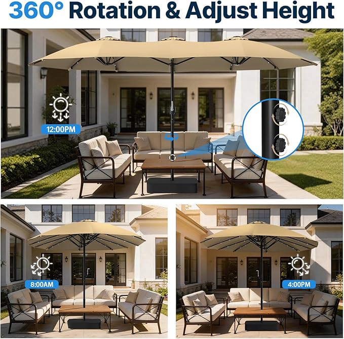 Suteck 15x9ft Patio Umbrella with Base & Solar Lights Included - Double-Sided Outdoor Large Umbrella with & Crank Handle, UV & Fade Resistant Canopy for Poolside, Backyard, Beige