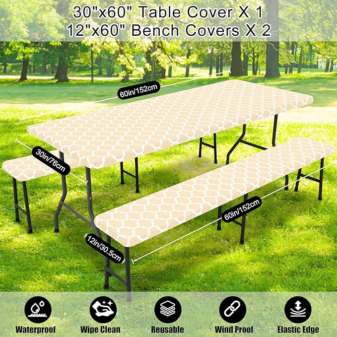 Smiry Picnic Table Cover with Bench Covers, Waterproof Elastic Fitted Tablecloth for 5 Foot Tables, Washable Polyester Tablecloths for Camping, Indoor & Outdoor (Beige, 30x60 Inch 3-pc Set)