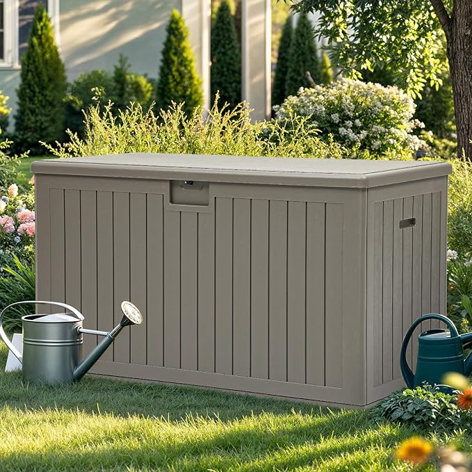 YITAHOME 220 Gallon Extra Large Deck Box, Double-Wall Resin Outdoor Storage Box with Flexible Divider for Patio Cushions Pool Supplies Garden Tools, 990 lbs Load Capacity, Lockable (Light Brown)
