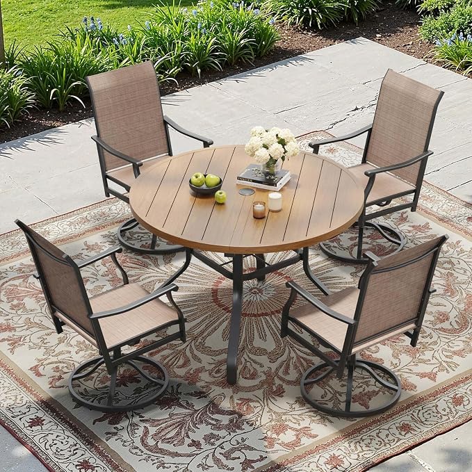 HRVEOCEI 47" Outdoor Round Table with Umbrella Hole, Metal Patio Dining Tables for Lawn Garden, Wood-Like Grain Bistro Table Outdoor for Backyard,Poolside,Deck,Por (Natural, Round)