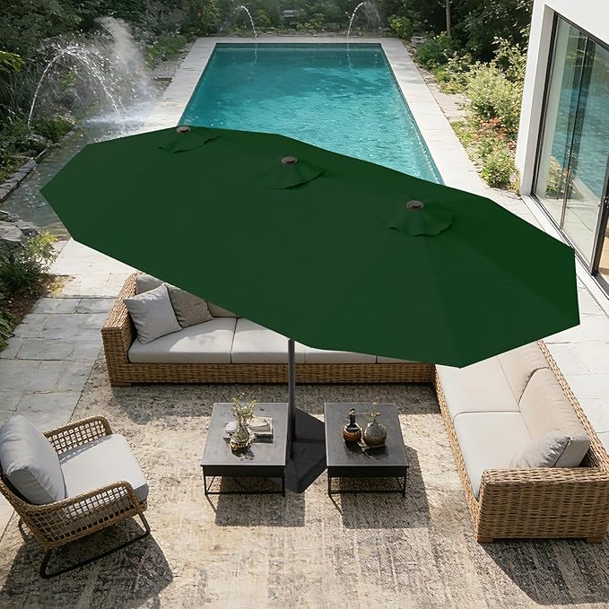 AreShark 15ft Patio Umbrella with Base, Double Sided Outdoor Umbrella with 12 Fiberglass Ribs, Large Outdoor Umbrella for Garden, Pool, Deck, Backyard & Market, Dark Green