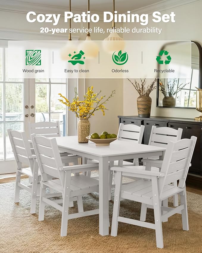 YEFU Patio Dining Sets 7-Piece: All-Weather Outdoor Table and Chairs with Umbrella Hole & Aluminum Frame - HIPS Patio Dining Set for 6 Modern Outside Furniture for Family Meals in Deck/Pool White
