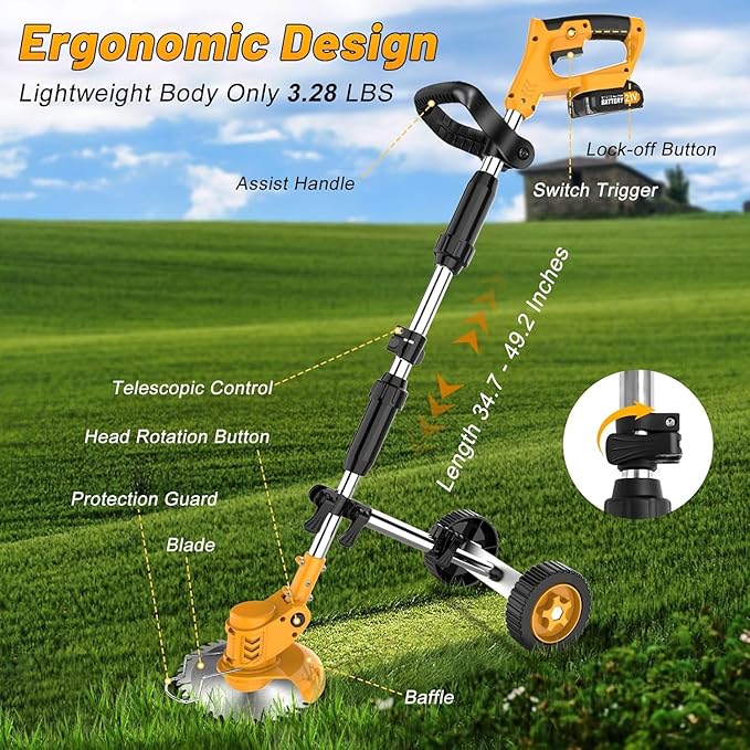 Electric Weed Wacker Cordless Weed Eater Battery Powered 21V, 4-in-1 Brush Cutter/String Trimmer/Grass Trimmer/Lawn Mower, 6 inch Lightweight Edger Stringless Weed Trimmer with Wheel & Blade,2 Battery