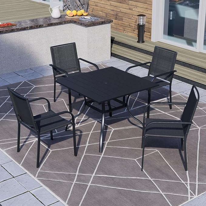 Anmutig 5 Piece Patio Dining Set, Outdoor Black Stackable Chairs and 35" Square Metal Patio Table with 1.57" Umbrella Hole for Garden Backyard Deck, Black