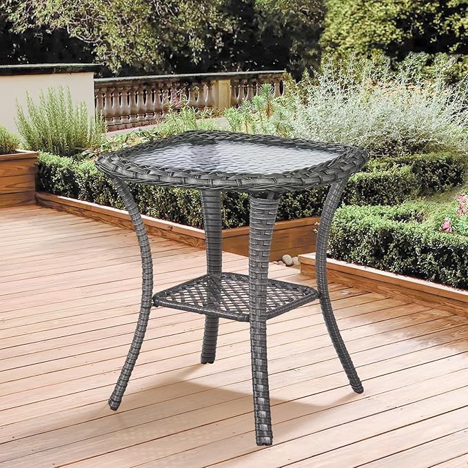 Patio Loveseat Glider Set, Resin Wicker Loveseat Glider with 2 Swivel Patio Chiars Coffee Table and Side Table, 5 Piece Patio Furniture Set Loveseat Set, Grey Wicker|Blue Cushions