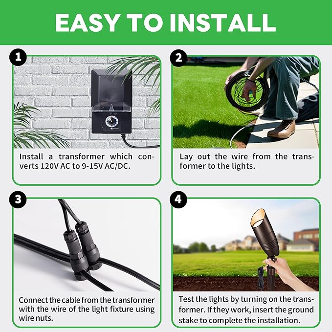 12v Landscape Lighting Kit, with 12 Pack 3CCT Spotlights and 200W Transformer and 250FT Cable and 40 Wire Connectors, Aluminum ORB Ip65 Waterproof Tree Light for Home Patio Plant