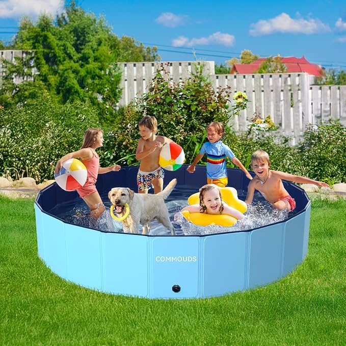 COMMOUDS 87Inch Foldable Dog Pool, Ectra Large Hard Plastic Dog Kiddie Swimming Pool, Collapsible Pet Bath Tub Wading Pools for Kids and Puppy Small Medium Large Dogs(87inch.D x 16inch.H)