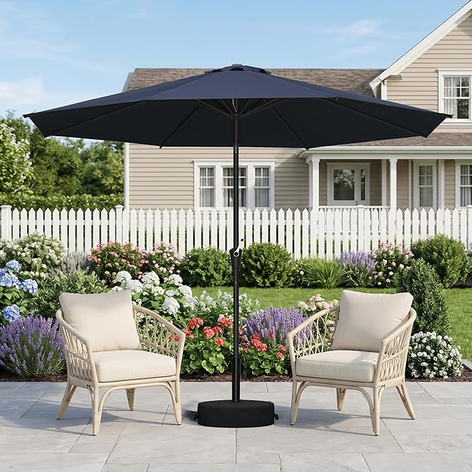 PURPLE LEAF 9' Round Patio Umbrella Outdoor Table Umbrella Aluminum Frame Market Umbrella with 8 Sturdy Ribs & Tilt for Garden Deck Lawn Pool Navy Blue