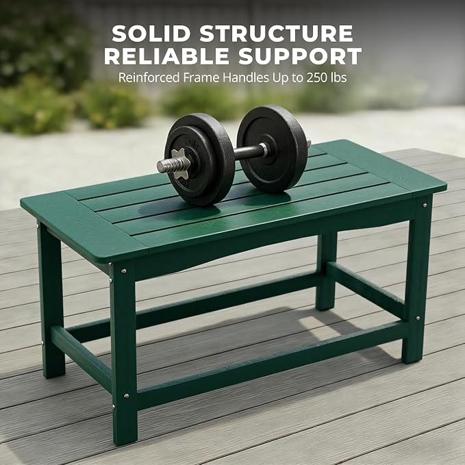 Green Outdoor Coffee Table for Patio 35.4 x 17.5 x 16.1 Poly Lumber | 250 lb All-Weather HIPS Rectangle Patio Table, Stainless Steel Hardware, 1-Year Warranty for Deck Garden Porch Backyard