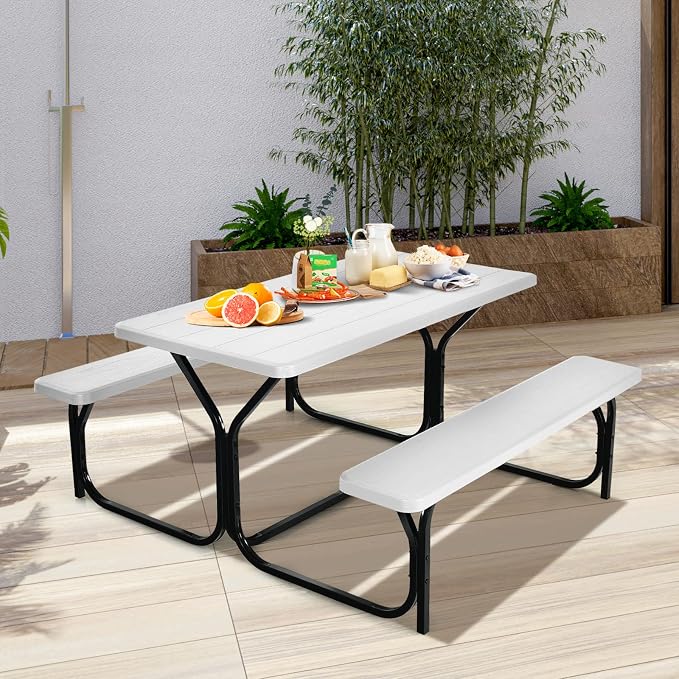 ORALNER Picnic Table, Resin Dining Table & 2 Benches Set, Weather Resistant Wood Grain Plastic Tabletop & Steel Frame, Picnic Tables for Outdoors, Porch Yard Patio Lawn Party Camping (White)