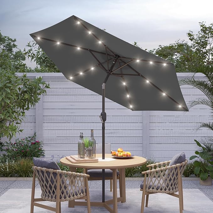 7.5ft Outdoor Umbrella Patio Umbrella with Solar Lights,18 LED Lighted Table Market Outdoor Umbrella, 2-Year-Non-Fading, for Pool, Deck, Garden,Backyard